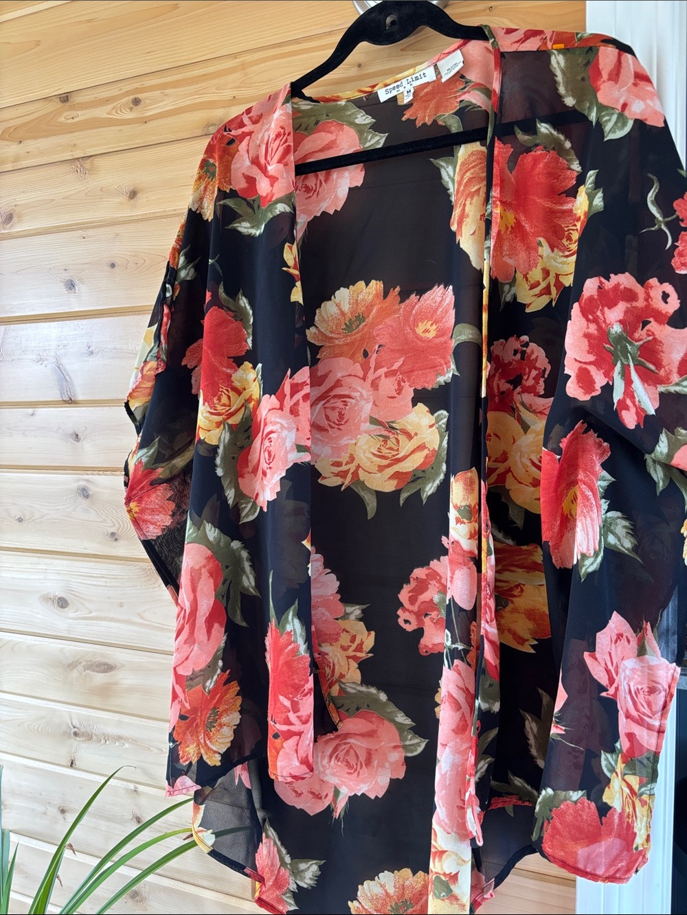 Floral Sheer Open-Front Kimono - Black with Pink & Coral Roses